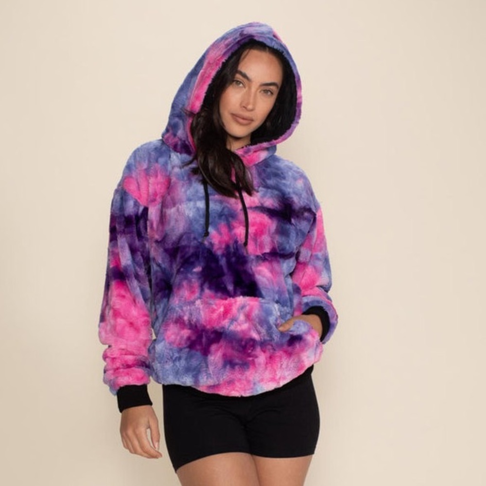 SpiritHoods Fur Hoodie – Tie-Dye Cotton Candy Cat (L) 🐾 Vibrant Faux Fur